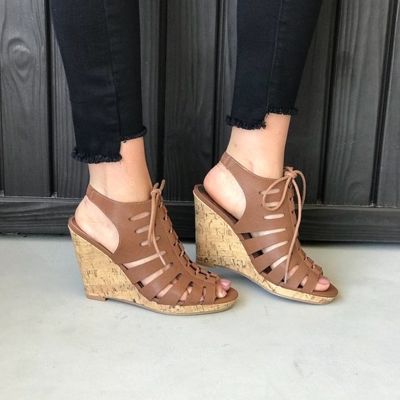 Cognac LaceUp Laser Cut Cork Platform Wedge Sandal - Picture 7 of 8